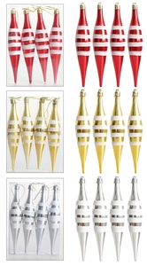 Set of four tapered Christmas icicle ornaments with glitter stripes in red, gold, and silver