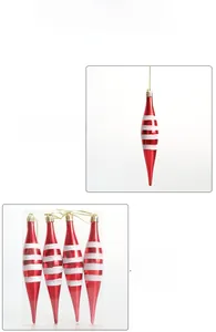 Detail of 4-piece red and white striped cone Christmas ornaments with white glitter finish