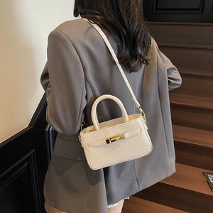 White crocodile pattern shoulder bag with gold hardware and top handle for women