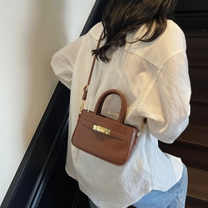 Brown crocodile pattern mini shoulder bag with gold hardware and top handle for women