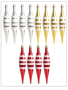 Detail view of 12-piece icicle Christmas ornaments with glitter stripes in silver gold red