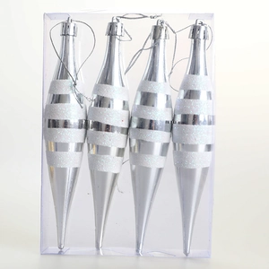 Set of 4 white and silver striped icicle Christmas ornaments with glitter detail