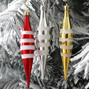 Three-piece set of striped spindle Christmas ornaments in red, gold and silver finishes