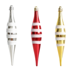 Three-piece set of painted Christmas icicle ornaments in silver, red, and gold glitter