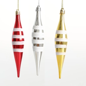 Three shiny Christmas drop ornaments with white glitter stripes in red gold and silver finish