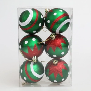 Lot de 6 boules de Noël vertes avec motifs pailletés rouges et blancs en boîte transparente