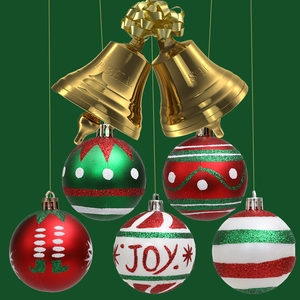 Lot de boules de Noël peintes en rouge et blanc avec cloches dorées sur fond vert