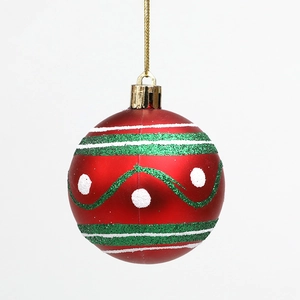 Boule de Noël rouge de 6cm avec spirales blanches et paillettes vertes pour décorer le sapin