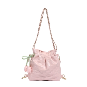 Pink quilted bucket bag with gold chain strap and decorative tulip pendant for women