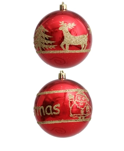Detalle de bolas de Navidad rojas con patrones dorados de renos y copos para decoración