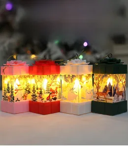 Close-up of four colored Christmas lantern gift boxes with festive character illustrations