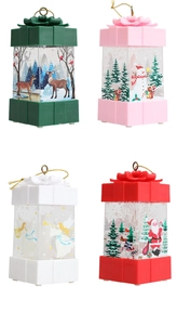 Detailed view of four colorful Christmas gift box lanterns with festive bow and rope