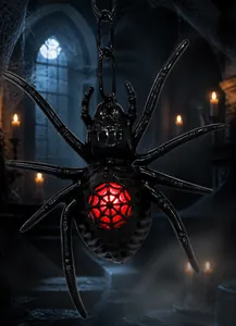 Κρεμαστή φωτιζόμενη αράχνη Halloween με κόκκινο LED ιστό και μαύρο γάντζο αλυσίδας