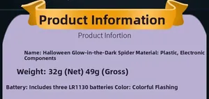 Προδιαγραφές αράχνης LED Halloween με 3 μπαταρίες LR1130 και πολύχρωμο εφέ φωτισμού