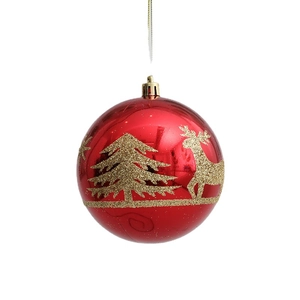 Bola de Navidad roja de 10cm con renos y árboles dorados de purpurina brillante