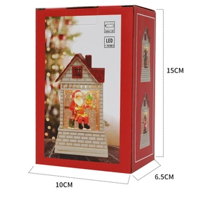 Detailed size view of LED Christmas house decoration with Santa and snow in gift box