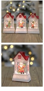 Close-up of lighted Christmas house lanterns with Santa and nutcracker glitter scenes