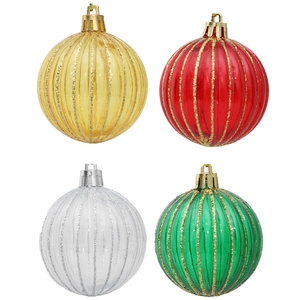 Set mit vier 6cm glitzernden gestreiften Weihnachtskugeln in Rot, Grün, Gold und Silber