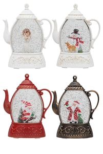 Dettaglio delle lanterne a teiera natalizia con figurine festive e glitter scintillanti