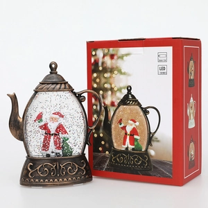 Lanterna a teiera di Natale vintage in bronzo con Babbo Natale e scatola regalo