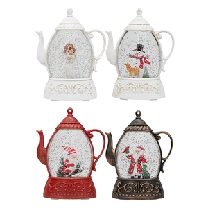 Palle di neve natalizie a forma di teiera con glitter e figurine festive in set da 4