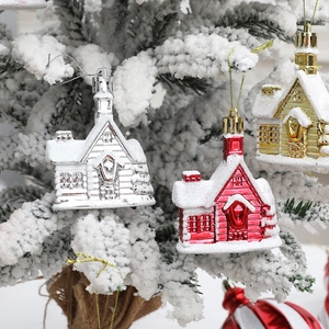 Electroplated Plastic Christmas House Ornaments With Snow Effect Glitter Chalet Tree Decorations For Holiday Home Decor