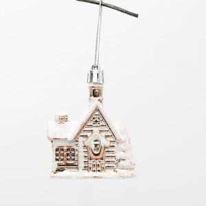 Rose gold Christmas house ornament with snow glitter coating and silver hanging string