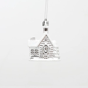 Silver glitter Christmas house ornament with snow roof and tree details for tree hanging