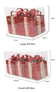 Detail view of red glitter Christmas gift box ornaments with size specifications