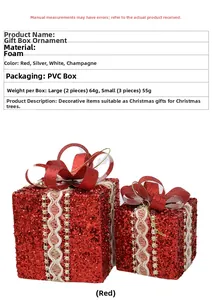 Comparison of small and large foam Christmas gift box ornaments with red glitter finish