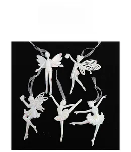 Set of 5 white iridescent ballerina fairy ornaments with sheer ribbons for Christmas decor