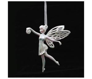 Detail of hanging white pearl iridescent fairy ornament with镂空 wing and silver cord