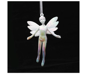 Detailed holographic fairy ornament with transparent wings and white ribbon on black background
