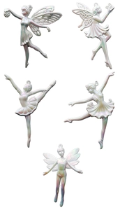 Detail of five iridescent white ballerina and fairy ornaments with hanging holes