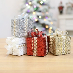 Christmas Tree Ornaments Glitter Foam Gift Box Pendants Lace Ribbon Bow Decorations Festive Holiday Party Hanging Decor
