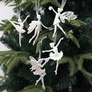5-piece set of iridescent white ballet girl and fairy Christmas tree ornaments with ribbons
