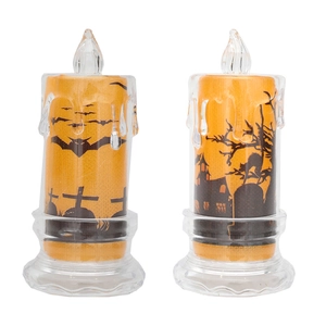 Set di due candele LED arancioni per Halloween con sagome di pipistrelli e castello