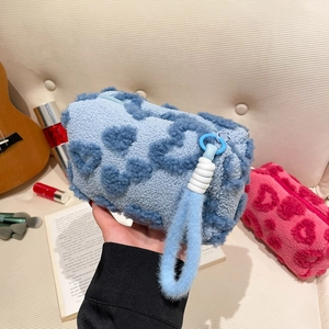 Heart Pattern Plush Makeup Bag Sweet Portable Travel Cosmetic Storage Organizer Small Handbag For Women Girls