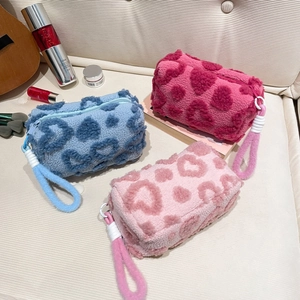 Furry heart pattern square handbag in blue, rose, and pink with plush braided handles