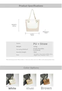 Detailed size chart and material specifications for the straw and PU leather tote bag
