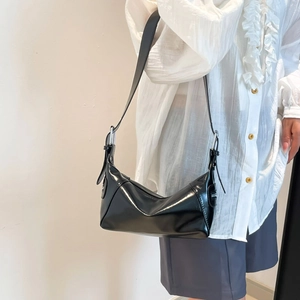 Minimalist black patent leather underarm shoulder bag with sleek rectangular design