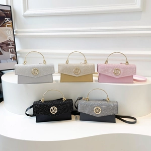 Mini crossbody bags in five colors with glitter texture and metal M logo and handles