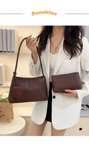 Detail of dark brown woven shoulder bag set showing high-quality texture and crossbody style