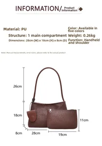 Detailed size specifications for brown woven faux leather shoulder bag and small pouch