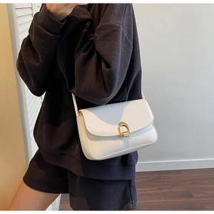 Detailed view of white saddle bag with gold horseshoe clasp and slim shoulder strap