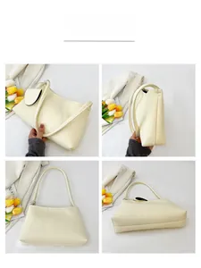 Four-way view showing the woven texture and structure of the beige underarm bag