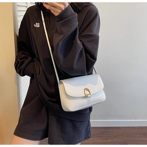 Detail of a white saddle bag showing the golden horseshoe buckle and textured leather finish