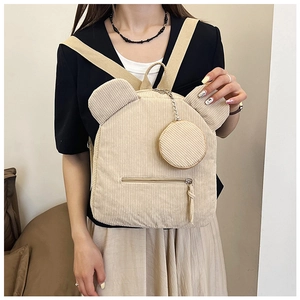 Detail of beige corduroy backpack with bear ears and detachable round coin purse