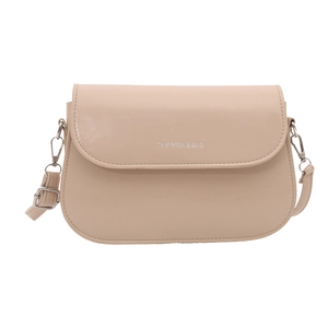 Sac bandoulière beige minimaliste pour femme avec logo argenté et sangle ajustable