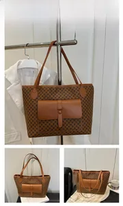 Detailed views of a brown retro tote bag featuring vintage geometric patterns and buckle pocket